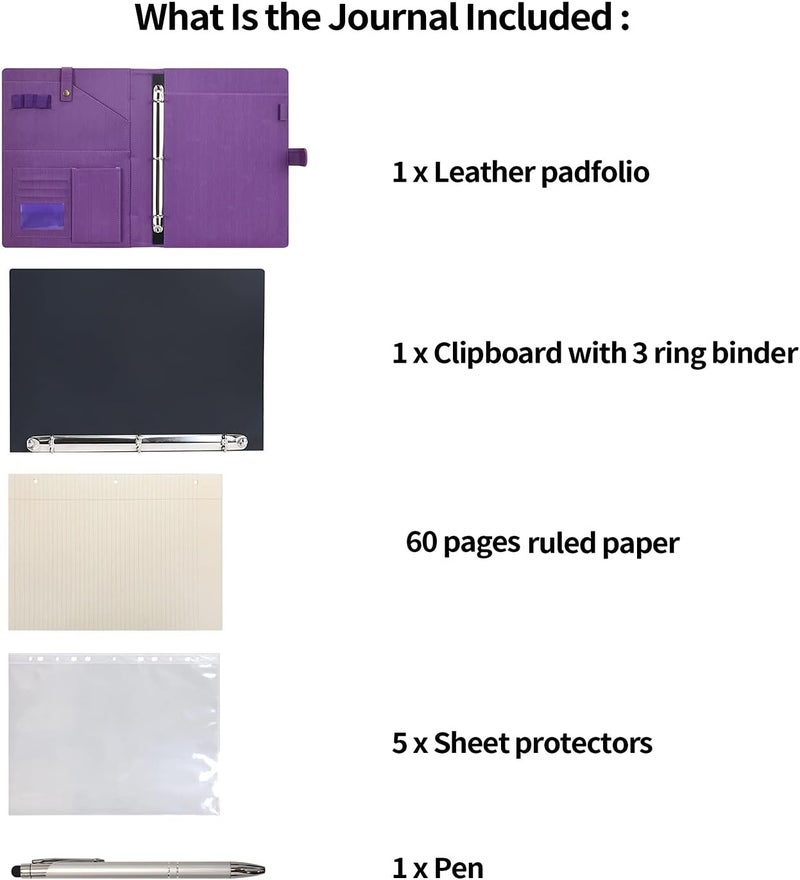 WONDERPOOL A4 PU Leather Portfolio Holder Ring File Document Case with Removable Binder Clipboard, Multi Pocket and Legal Pad for Business Organizer Interview and Meeting (Purple) - Image 5